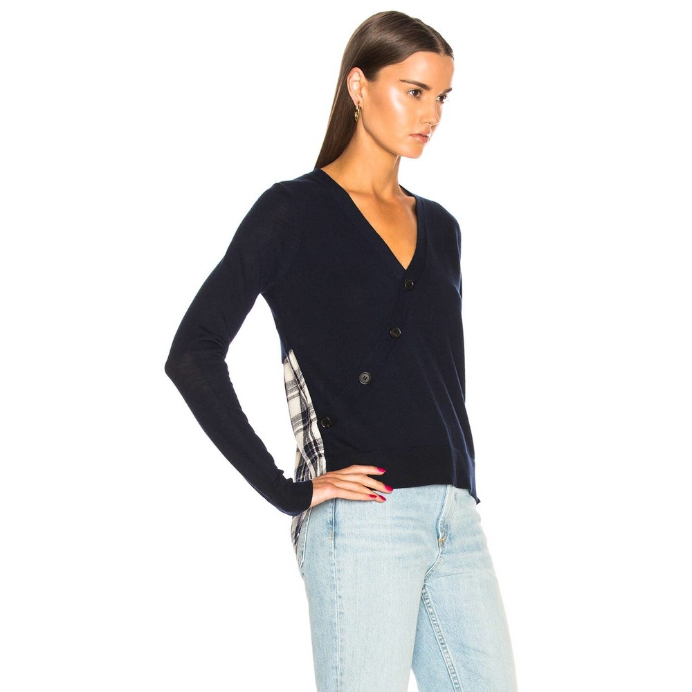 Veronica Beard Gemma Sweater Layered Wool‎ Size Small Navy Blue Cream Plaid